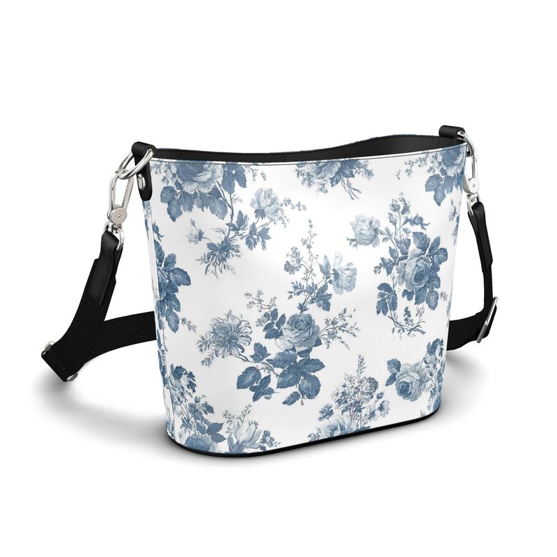Blue Rose Toile Leather Bucket Tote
