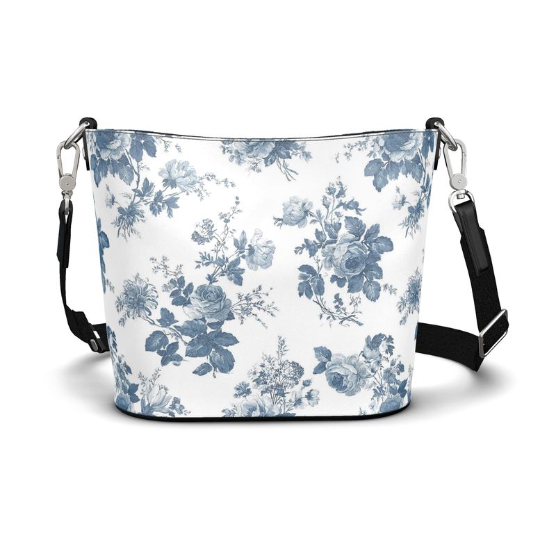 Blue Rose Toile Leather Bucket Tote