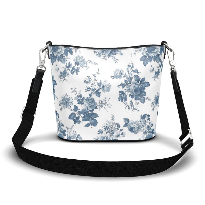 Blue Rose Toile Leather Bucket Tote