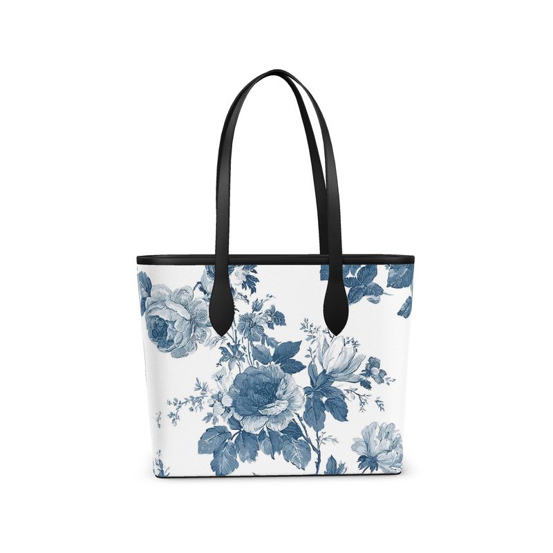 French Blue Rose Toile Leather City Shopper