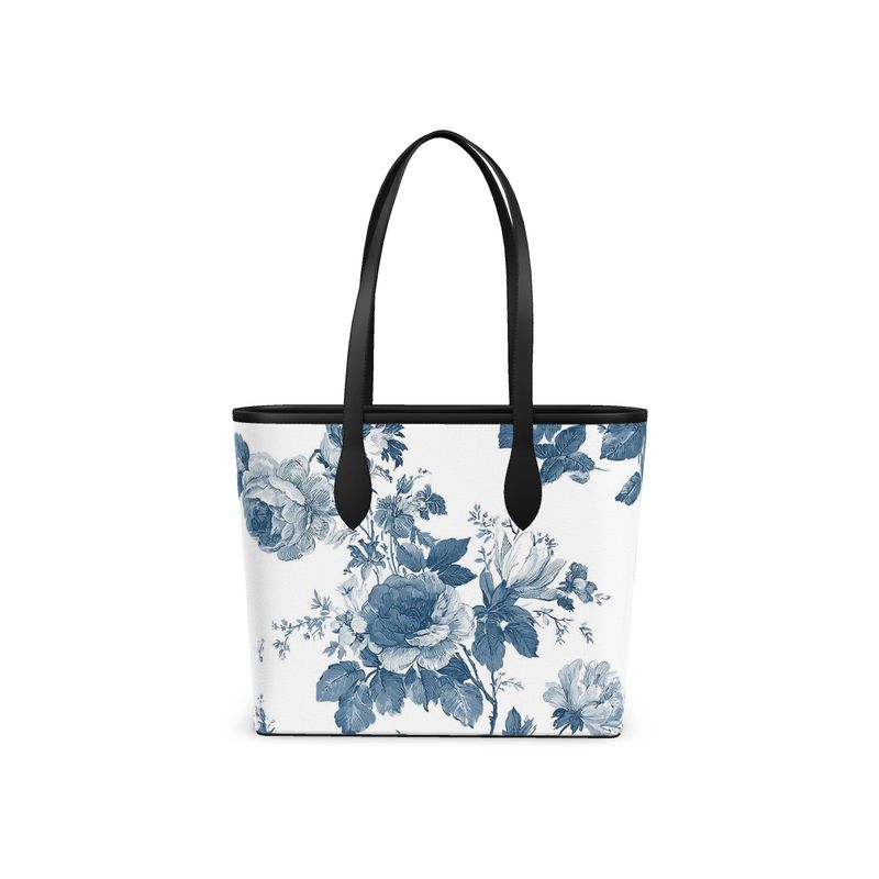 French Blue Rose Toile Leather City Shopper