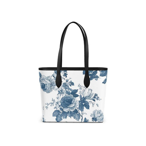 French Blue Rose Toile Leather City Shopper