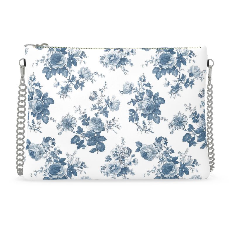 French Blue Rose Toile Leather Crossbody Bag with Chain