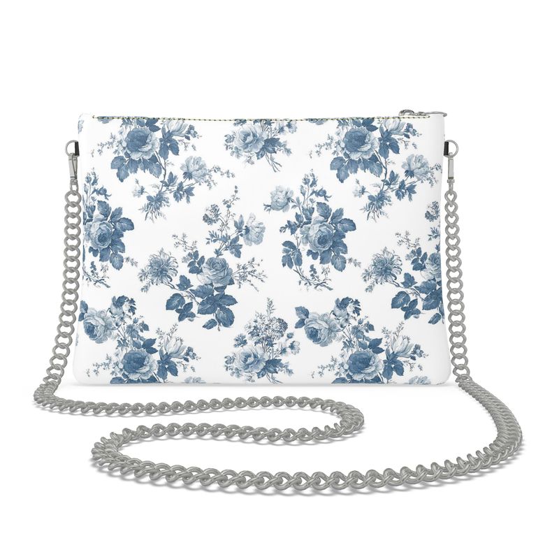 French Blue Rose Toile Leather Crossbody Bag with Chain