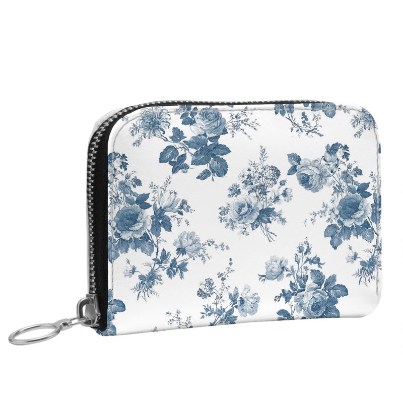 French Blue Rose Toile Small Leather Zip Wallet