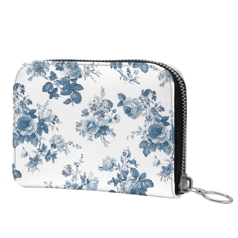 French Blue Rose Toile Small Leather Zip Wallet