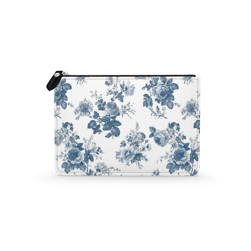 French Blue Rose Toile Small Leather pouch